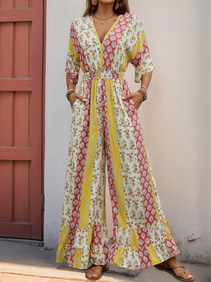 Cardydony Women's Boho Wide-Leg Jumpsuit | V-Neck Flowy One-Piece