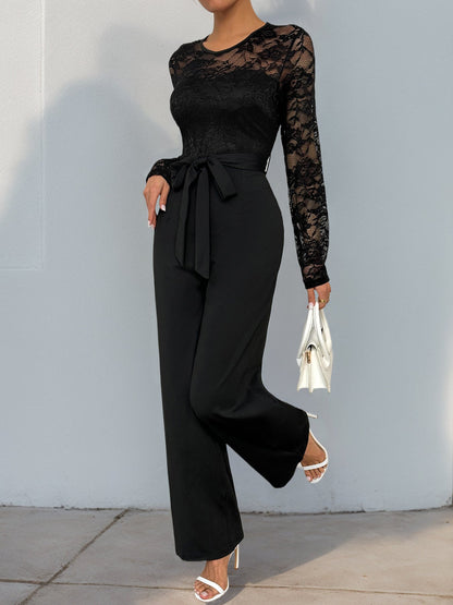 Cardydony Women's Lace Sleeve Jumpsuit | High Waist Wide Leg One-Piece