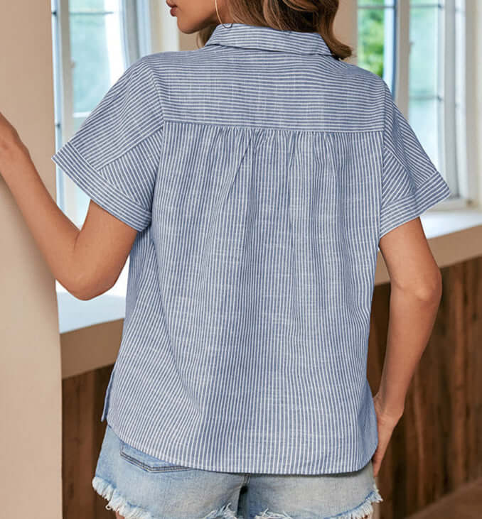 Cardydony Women's Striped Button-Up Blouse | Casual Short Sleeve Shirt
