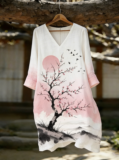 Cardydony Japanese Art Retro Pattern Design Linen Women's V-neck Dress