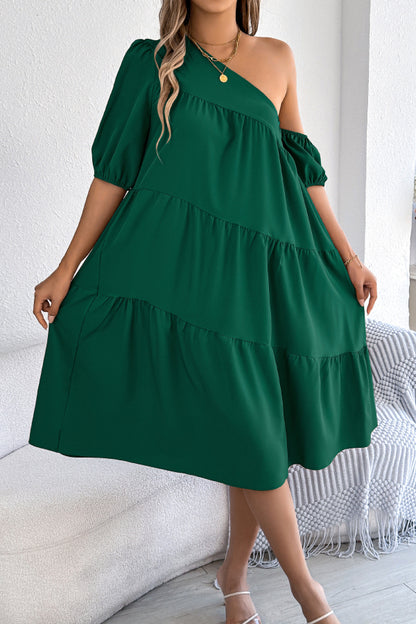Cardydony Women's Solid Color Loose Slash Neck Short-sleeved Casual Midi Dress