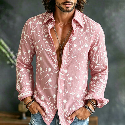 Cardydony Men's Spring Summer Floral Embroidered Art Print Flowy Linen Blend Shirt