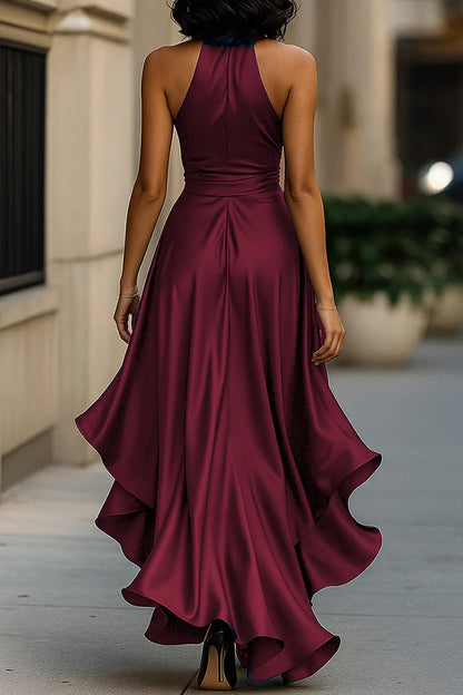 Cardydony Women's Solid Color Satin V-neck Sleeveless Elegant Ruffle Maxi Dress