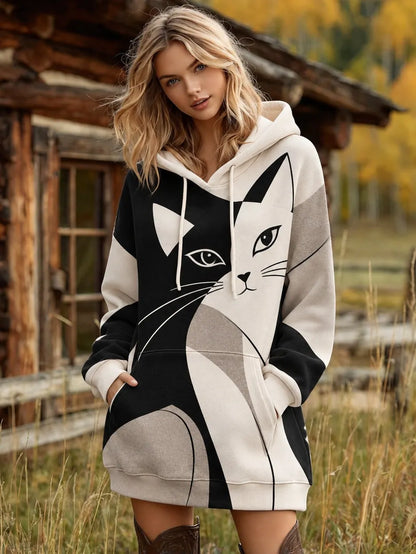 Cardydony Women's Abstract Geometric Cat Print Long Hooded Sweatshirt