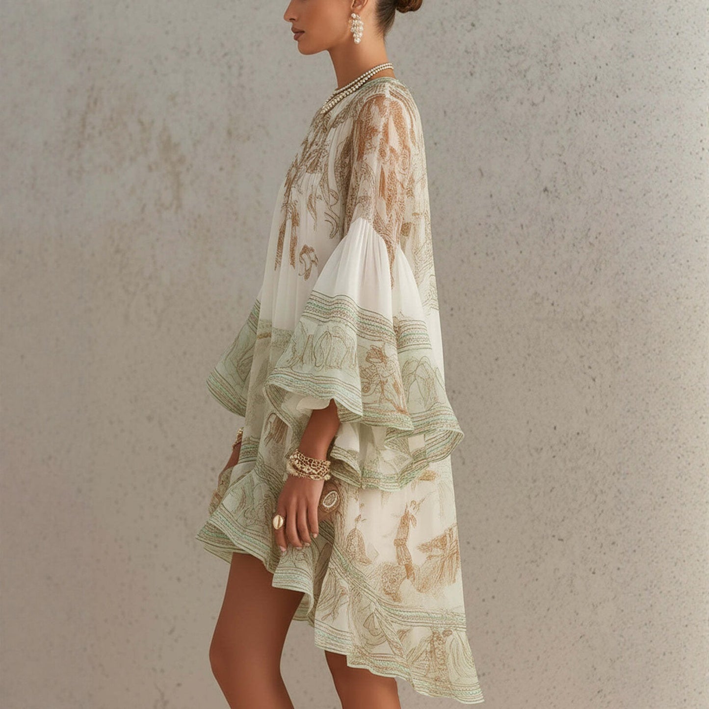 Cardydony Hermokrates Bell Sleeve Print Ruffle Mini Dress