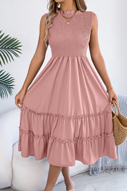 Cardydony Women's Solid Color Sleeveless Tucked Patchwork Casual Midi Dress