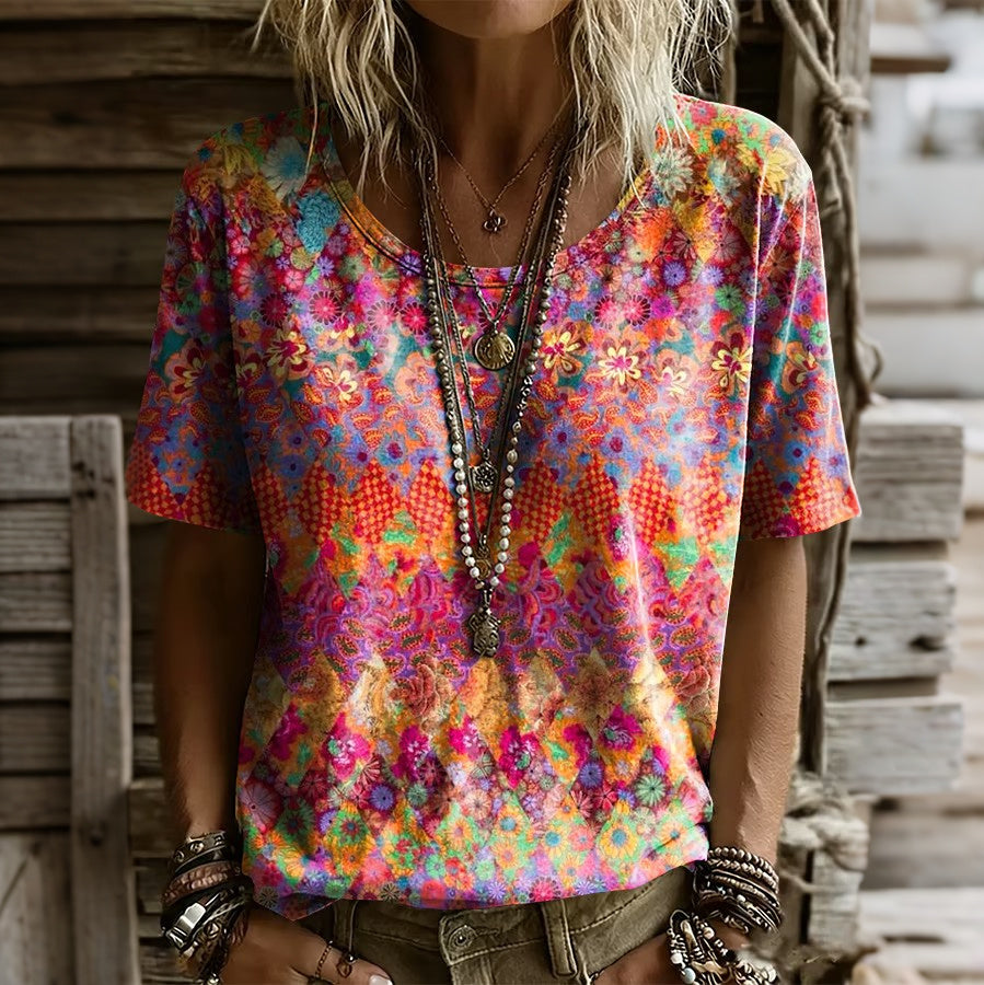 Cardydony Women's Vintage Tribal Gradient Pattern Print Short Sleeved T-shirt