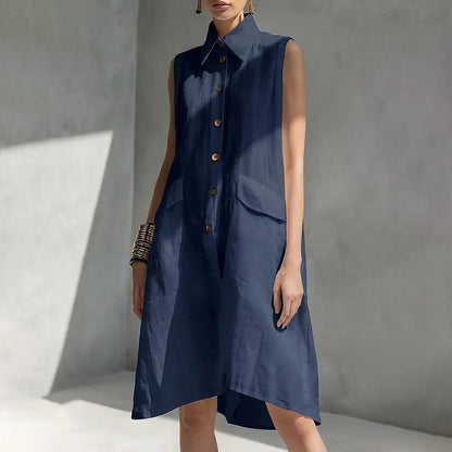 Cardydony Casual Loose-fit Linen Sleeveless Shirt Dress