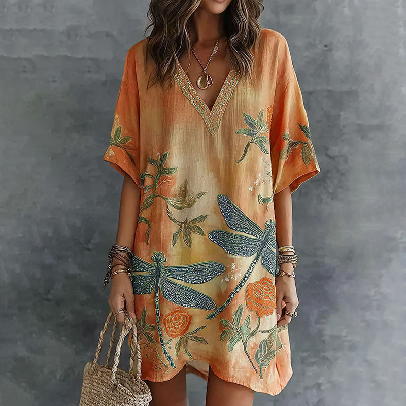 Cardydony Retro Dragonfly And Floral Pattern Linen Mini Dress
