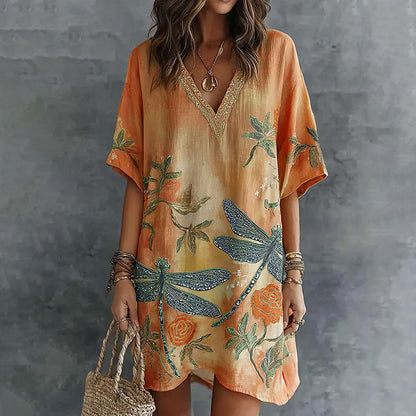 Cardydony Retro Dragonfly And Floral Pattern Linen Mini Dress