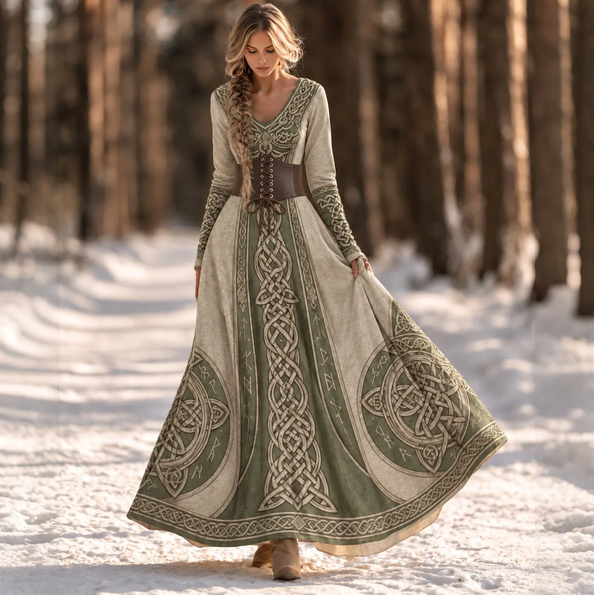 Cardydony Women's Vintage Viking Celtic Knot Art Print V-neck Maxi Dress(belt Not Included)