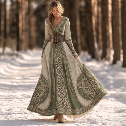 Cardydony Women's Vintage Viking Celtic Knot Art Print V-neck Maxi Dress(belt Not Included)