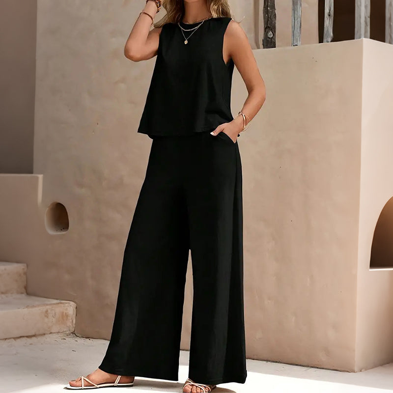 Cardydony Elegant Solid Color Crew Neck Tank Top And Wide Leg Pants Two Piece Set