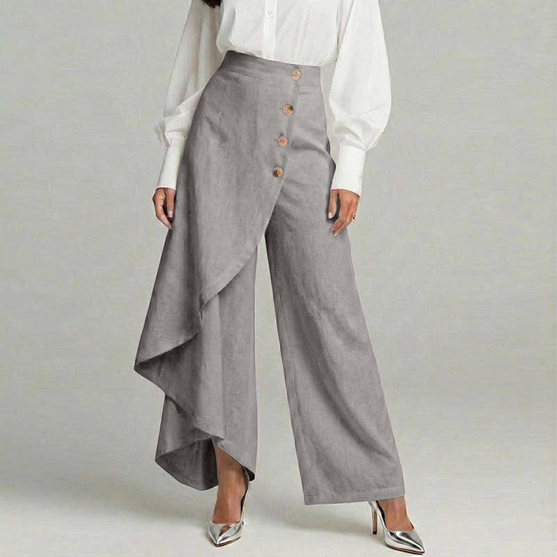 Cardydony Women's Casual Retro Irregular Ruffles Button Cotton And Linen Pants