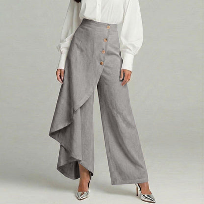 Cardydony Women's Casual Retro Irregular Ruffles Button Cotton And Linen Pants