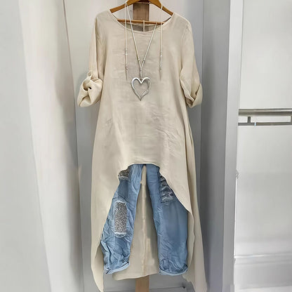 Cardydony Retro Short Front And Long Back Round Neck Loose Shirt