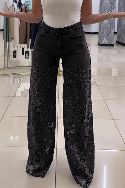 Cardydony Women's Fashion Hollow Lace Stitching Casual Pocket Denim Wide-leg Pants