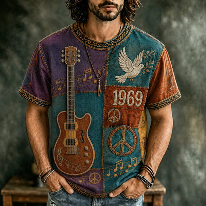 Cardydony Men's Hippie Music Guitar Pattern Patchwork Print T-shirt