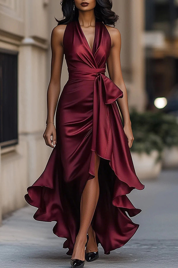 Cardydony Women's Solid Color Satin V-neck Sleeveless Elegant Ruffle Maxi Dress