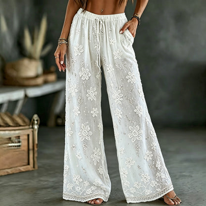 Cardydony Women's White Rose Art Embroidered Linen Blend Pants