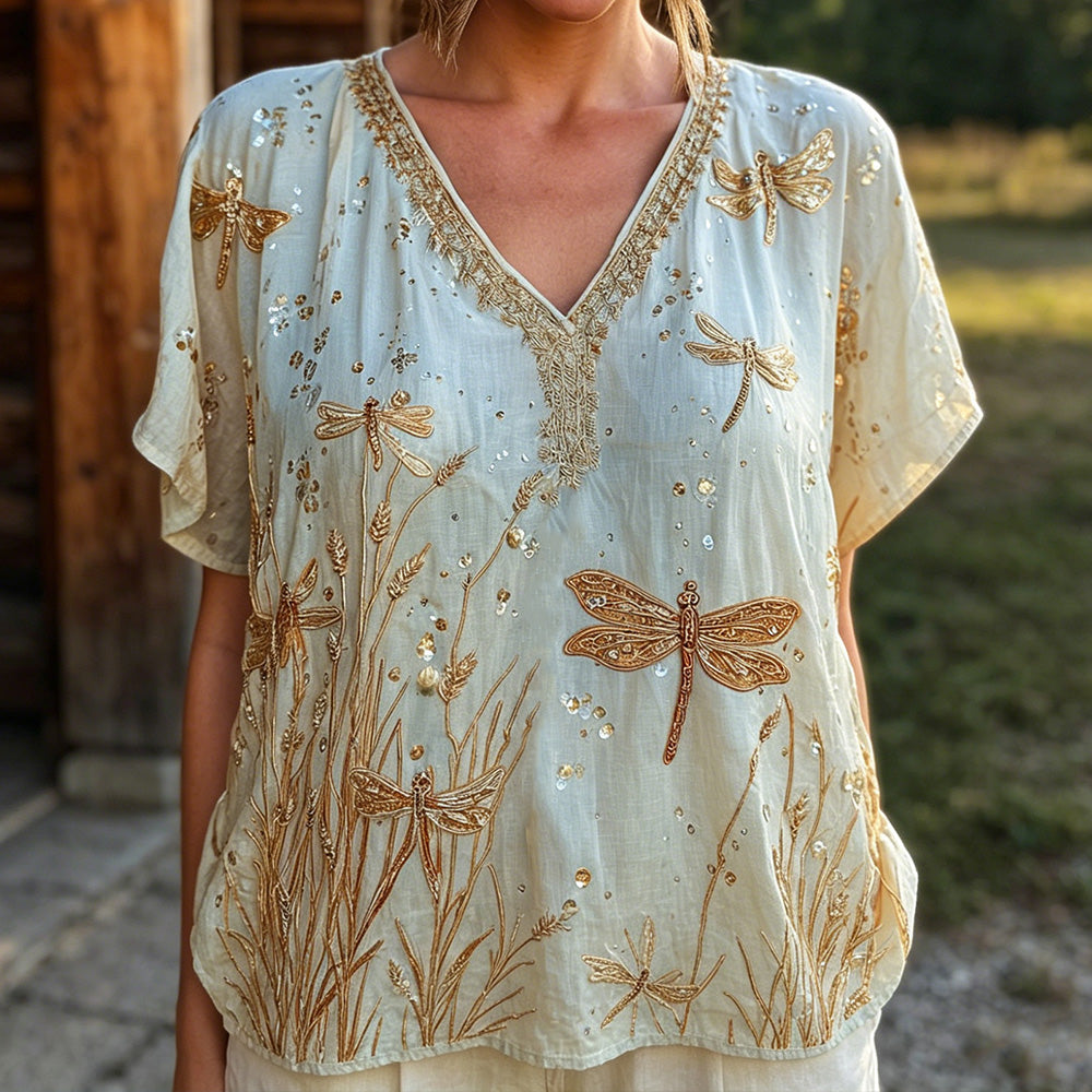 Cardydony Boho Cream Linen Blend Gold Thread Dragonfly & Wheat Embroidery V Neck Blouse