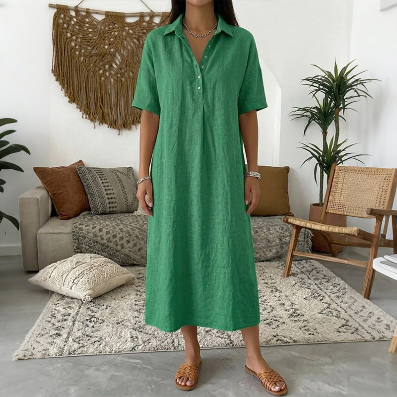 Cardydony Women's Solid Color Lapel Linen Blend Shirt Midi Dress