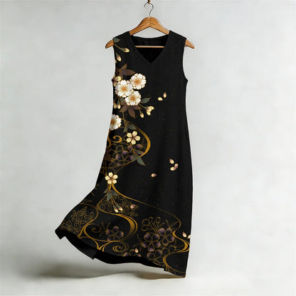 Cardydony Japanese Cherry Blossoms Art Flowy Linen Midi Dress