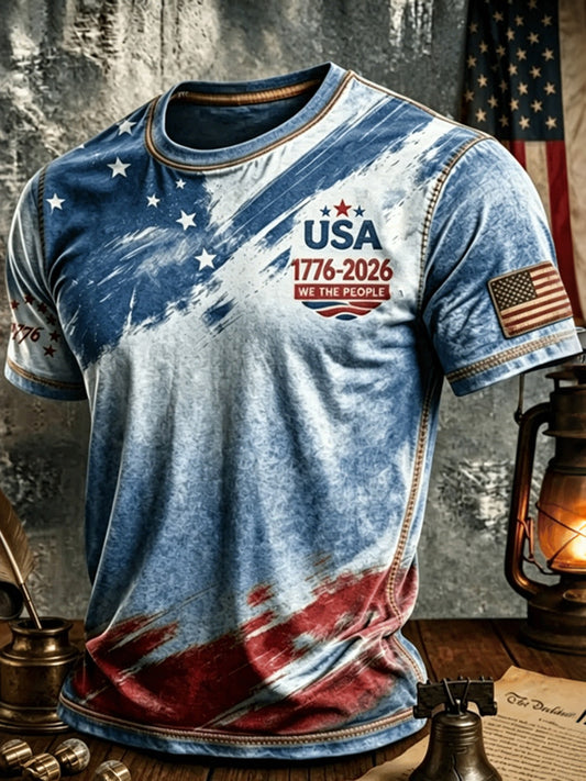 Cardydony Men's Retro Independence Day Art Print Crew Neck Short Sleeve T-shirt