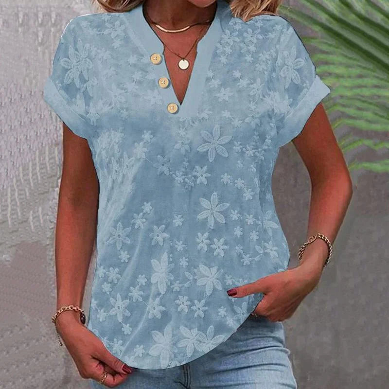Cardydony Women's Retro Embroidered Buttons V Neck Shirt