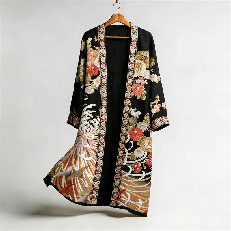 Cardydony Japanese Chrysanthemum Floral Art Flowy Long Linen Kimono