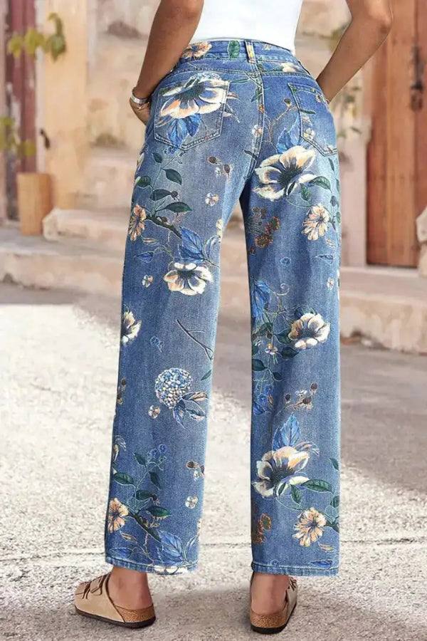 Cardydony Women's Floral Print Loose Pocket High-waisted Wide-leg Jeans