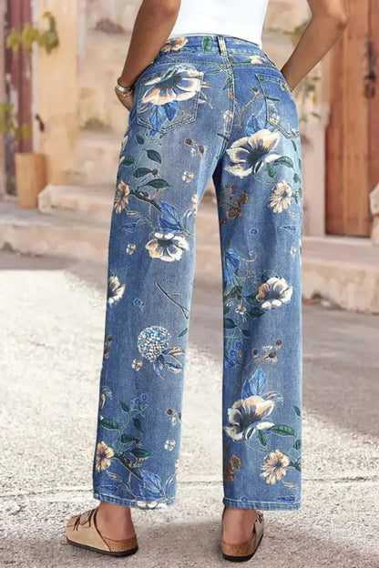 Cardydony Women's Floral Print Loose Pocket High-waisted Wide-leg Jeans