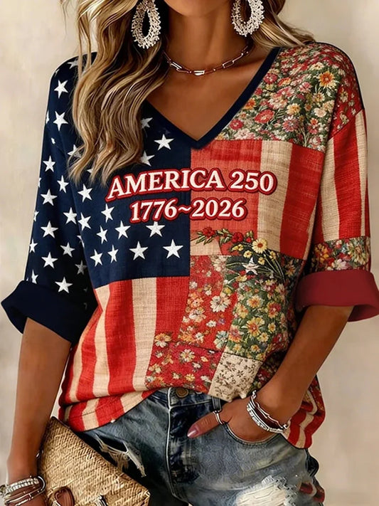 Cardydony Women's American 250th Anniversary Art Print Casual V Neck Linen Tops