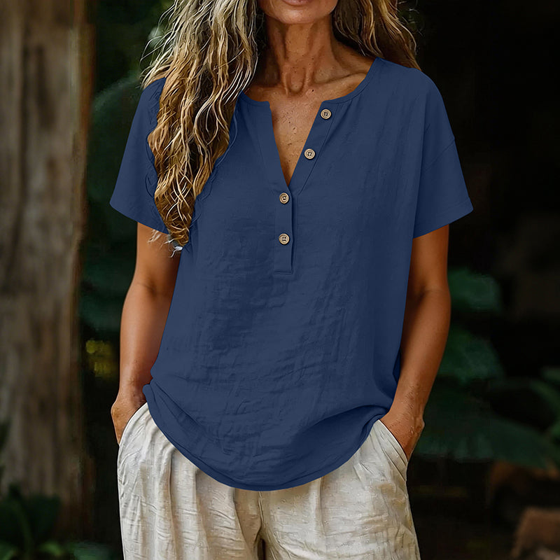 Cardydony Solid Color Linen Short-sleeved Half-front Button-up Shirt