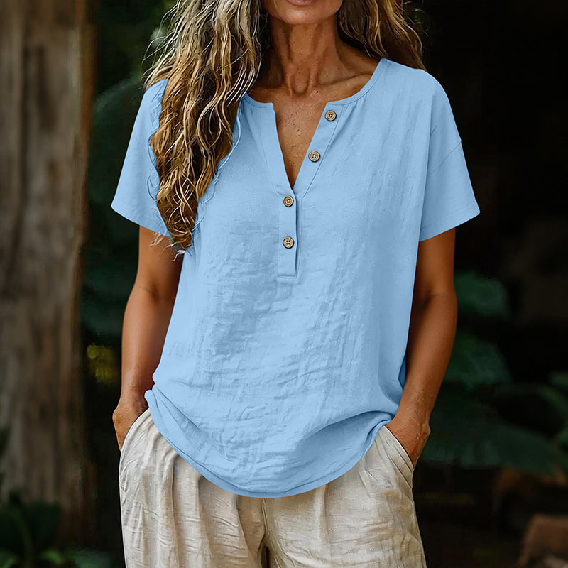 Cardydony Solid Color Linen Short-sleeved Half-front Button-up Shirt