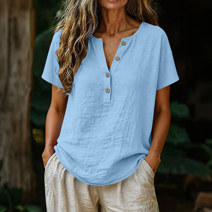 Cardydony Solid Color Linen Short-sleeved Half-front Button-up Shirt