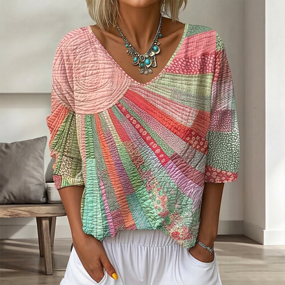 Cardydony Women's Vintage Floral In Gradient Art Print Flowy Linen Blend Three-quarter Sleeve V Neck Linen Tops
