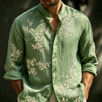 Cardydony Men's Vintage Spring Floral Embroidered Art Print Flowy Linen Blend Casual Shirt