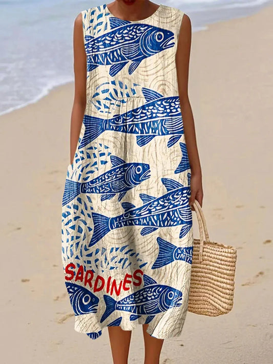 Cardydony Women's Vintage Fish Sardines Art Print Cotton Casual Sleeveless Dress