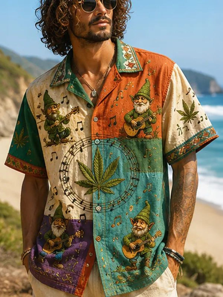 Cardydony Men's Hippie Retro Patchwork Resort Cotton Linen Shirt