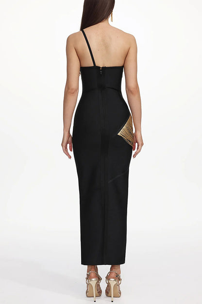 Cardydony Women's Roanna One Shoulder Sleeveless Glossy Tassels Bandage Maxi Dres