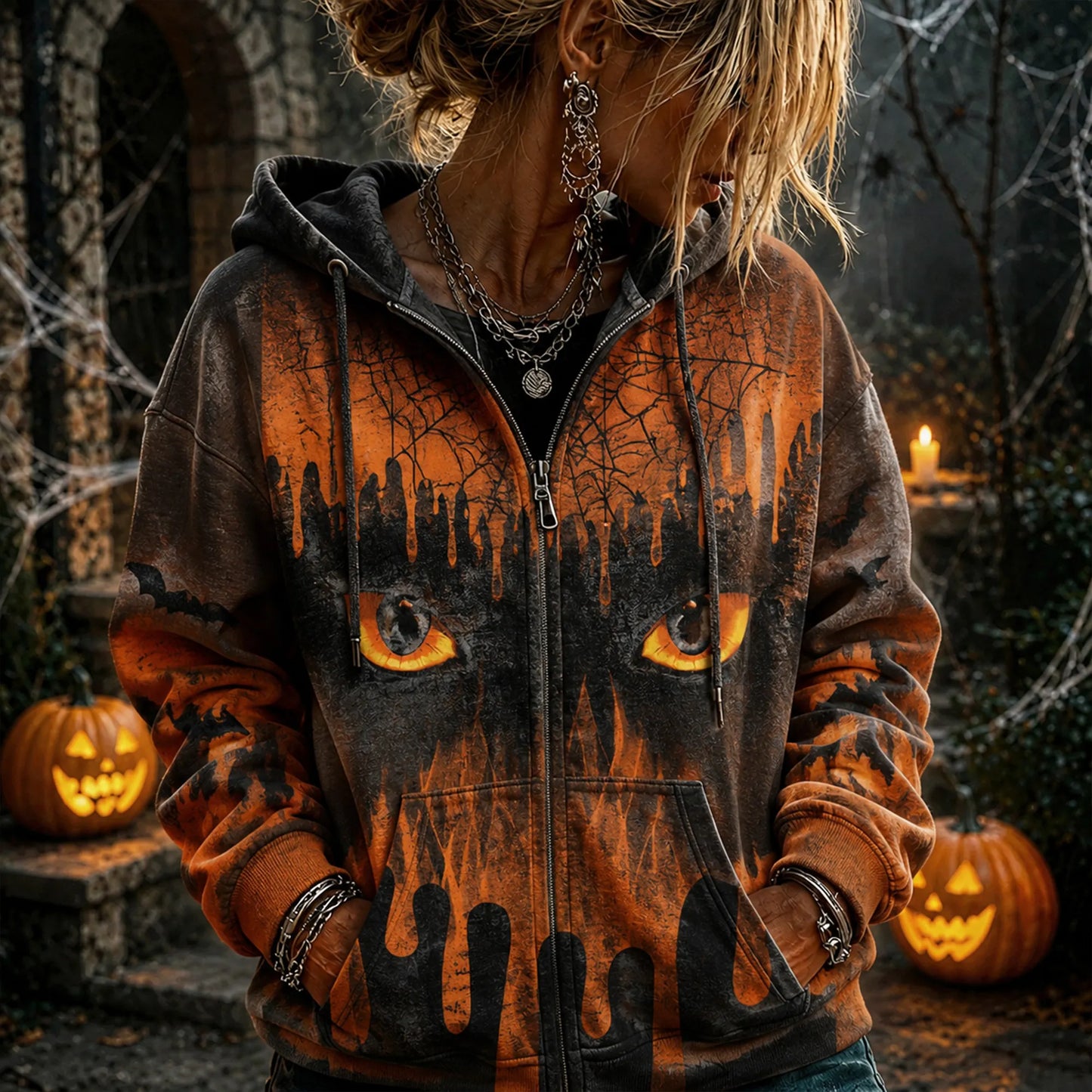 Cardydony Women's Retro Halloween Gothic Style Washed Halloween Cat Eye Bat Graveyard Full Print Hooded Sweatshirt