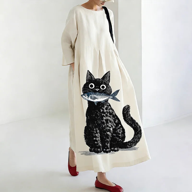 Cardydony Women's Japanese Artistic Fun Cat Pattern Linen Dress