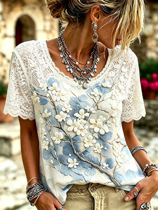 Cardydony Women's Bohemian Japanese Art Style Cherry Blossom Embroidered Lace Print Top