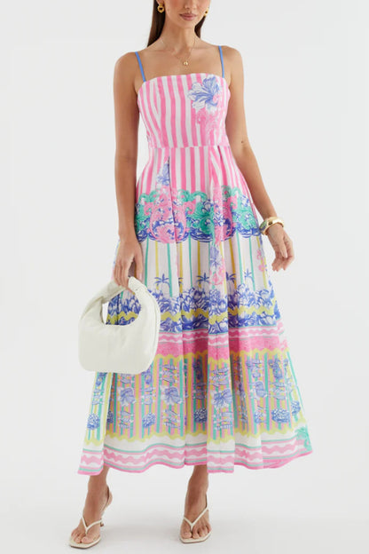 Cardydony Women's Unique Print Spaghetti Strap Square Neck Fitted Waist Elegant Maxi Dress