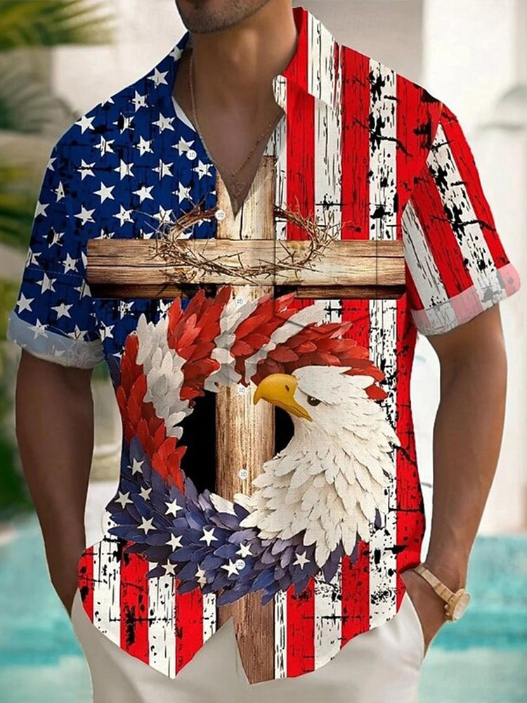 Cardydony Men's American Us Flag Eagle Patriotic Pocket Button Up Shirt