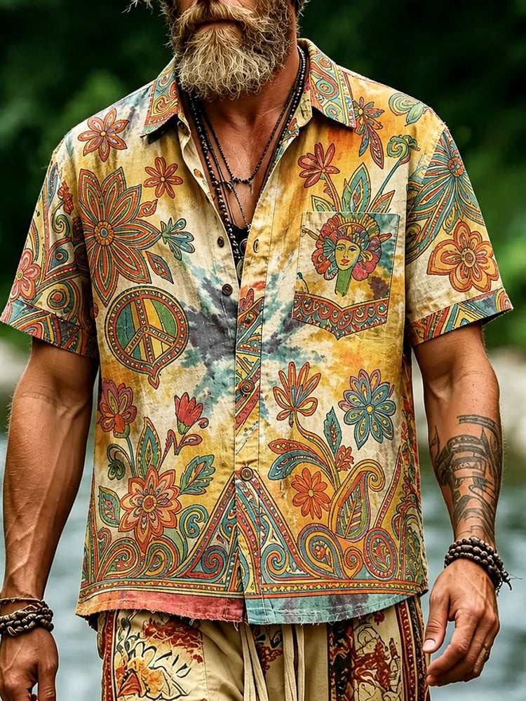 Cardydony Men's Hippie Floral And Peace Tie-dye Art Print Casual Shirt