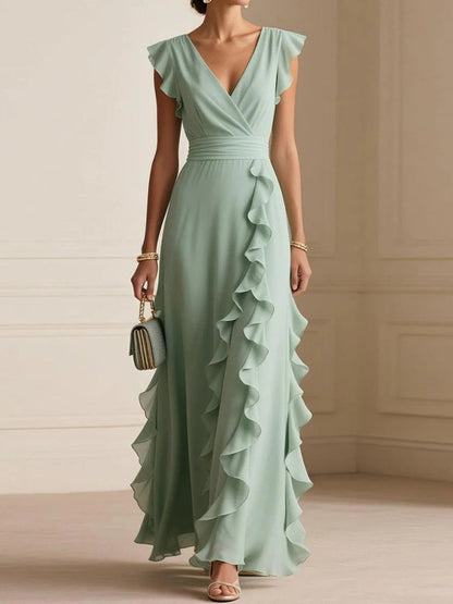 Cardydony Solid Color Pleated Ruffles V-neck Maxi Dress