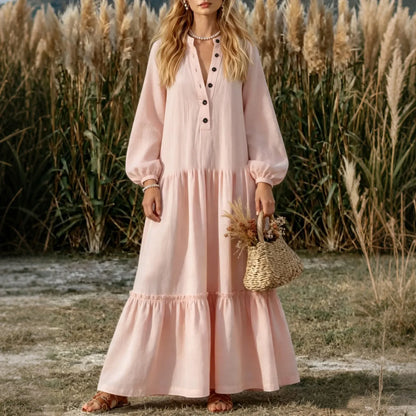 Cardydony Women's Cotton And Linen Retro Casual Long-sleeved Dress