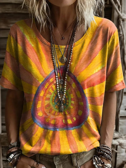 Cardydony Women's Retro Hippie Print Print Crew Neck Short Sleeve T-shirt